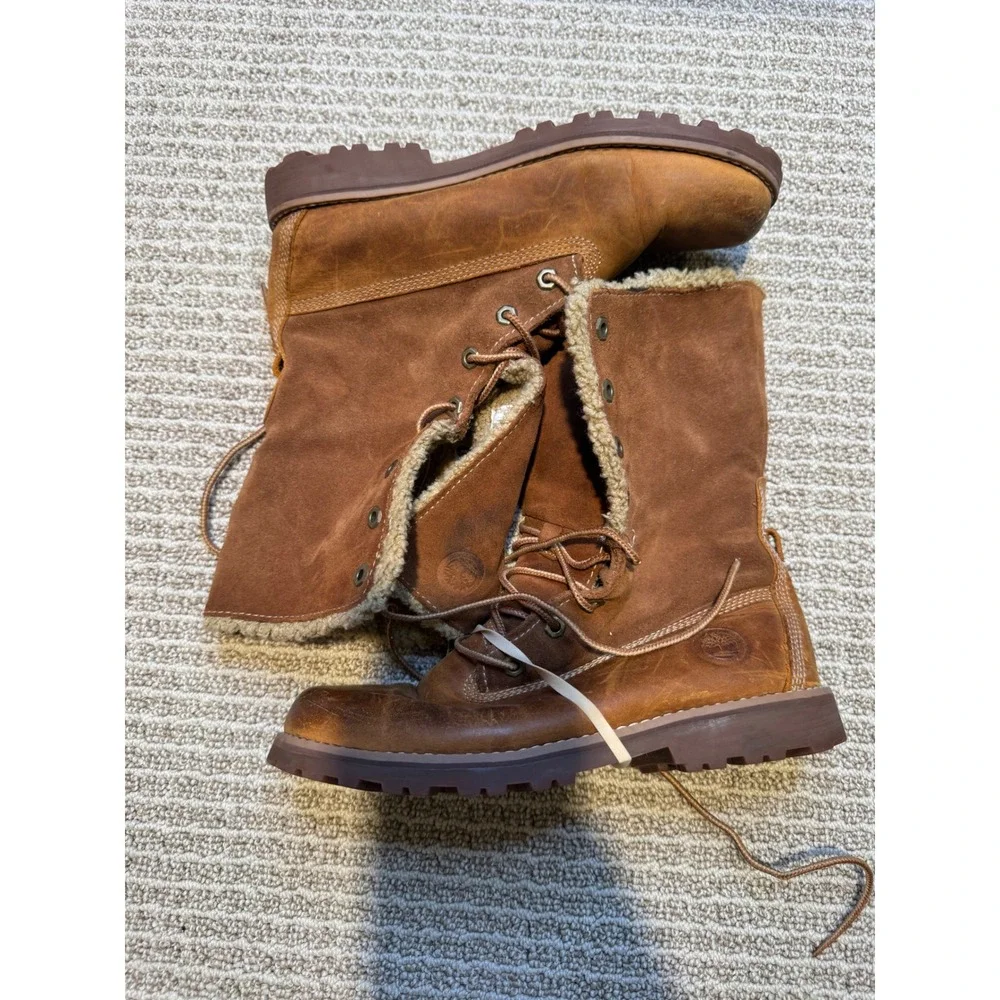 Timberland girls Shearling Lined Lace Up Boots Brown‎ Leather Winter Hiking 4